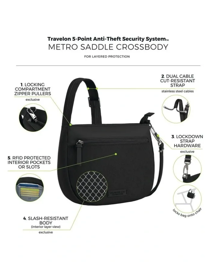 Travelon Metro Anti-Theft Saddle Crossbody Bag in Black