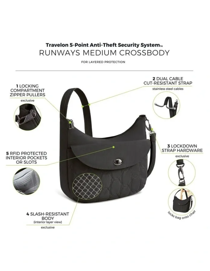Travelon Runways Anti-Theft Medium Crossbody Bag in Black