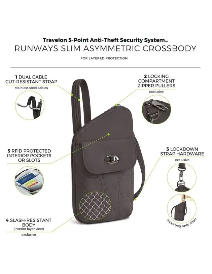 Travelon Runways Anti-Theft Slim Asymmetric Crossbody Bag in Smoke