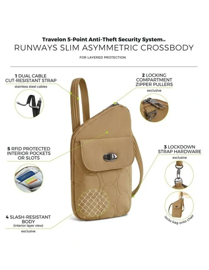 Travelon Runways Anti-Theft Slim Asymmetric Crossbody Bag in Latte