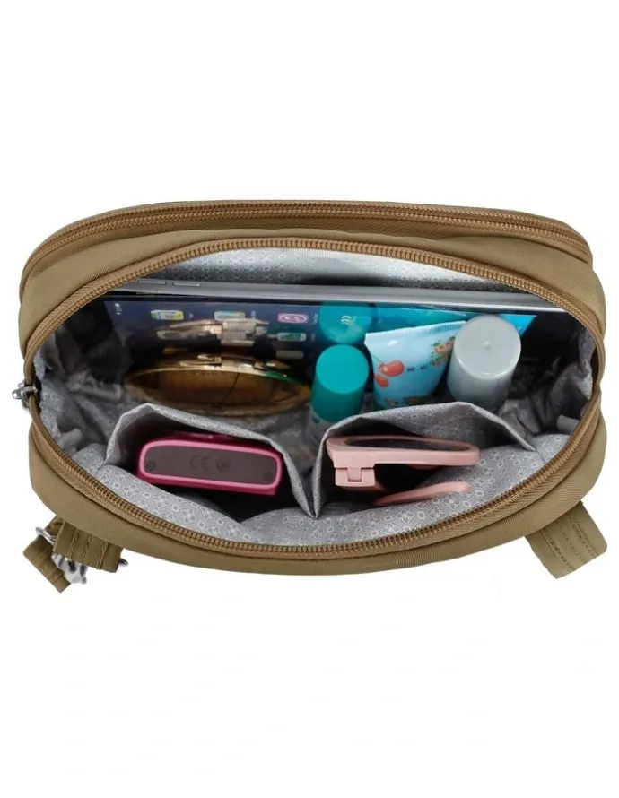 Travelon Runways Anti-Theft Tablet Double Compartment Crossbody Bag in Latte