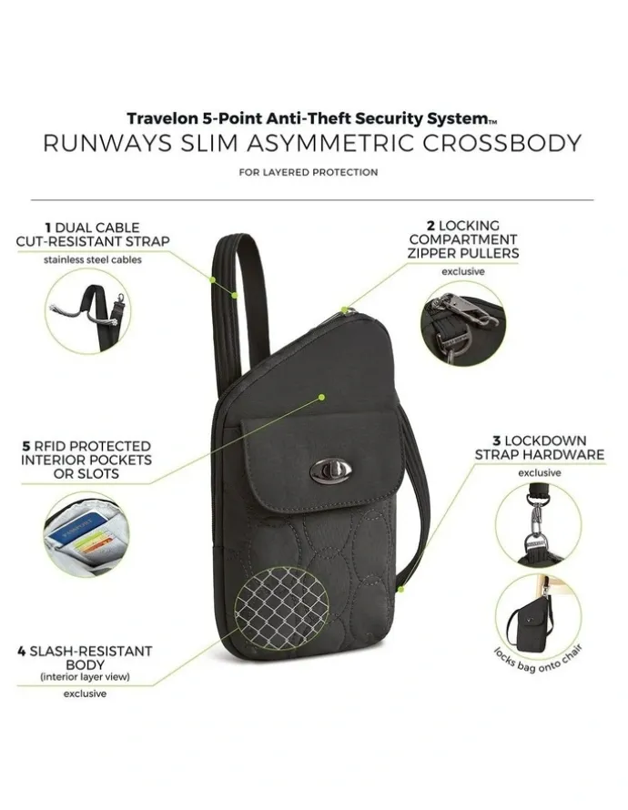 Travelon Runways Anti-Theft Slim Asymmetric Crossbody Bag in Black