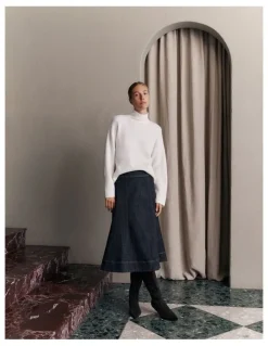 Trenery Australian Cotton Blend Denim Panelled Skirt in Rinse Wash