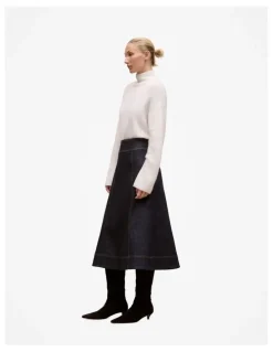 Trenery Australian Cotton Blend Denim Panelled Skirt in Rinse Wash