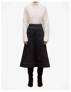 Trenery Australian Cotton Blend Denim Panelled Skirt in Rinse Wash