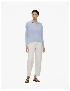 Trenery Cotton Cashmere Fine Cable Polo in Blue Marble