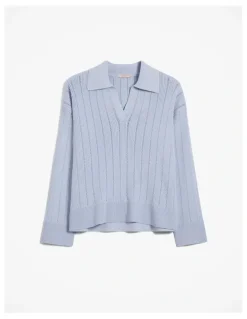 Trenery Cotton Cashmere Fine Cable Polo in Blue Marble
