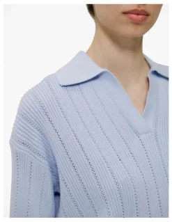 Trenery Cotton Cashmere Fine Cable Polo in Blue Marble