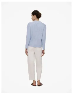 Trenery Cotton Cashmere Fine Cable Polo in Blue Marble