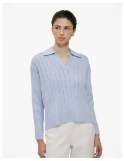 Trenery Cotton Cashmere Fine Cable Polo in Blue Marble