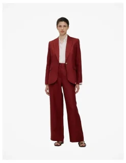 Trenery Linen Twill Pintucked Wide Leg Pant in Russet