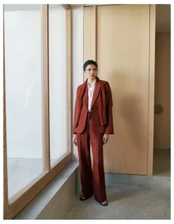 Trenery Linen Twill Pintucked Wide Leg Pant in Russet