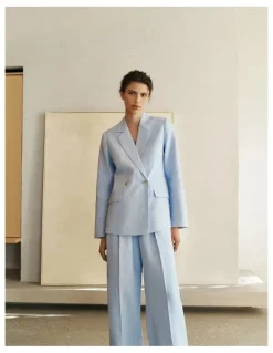 Trenery Yarn Dyed Linen Double Breasted Blazer in Blue Marble