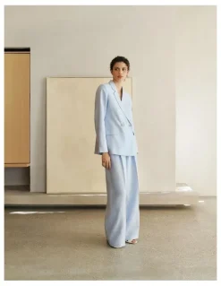Trenery Yarn Dyed Linen Pleat Detail Pant in Blue Marble