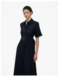 Trenery Poplin Pleat Detail Short Sleeve Dress in Night Sky