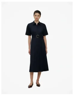 Trenery Poplin Pleat Detail Short Sleeve Dress in Night Sky