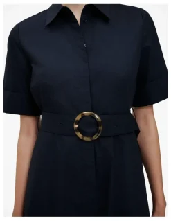 Trenery Poplin Pleat Detail Short Sleeve Dress in Night Sky