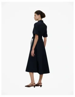 Trenery Poplin Pleat Detail Short Sleeve Dress in Night Sky