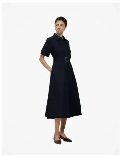 Trenery Poplin Pleat Detail Short Sleeve Dress in Night Sky
