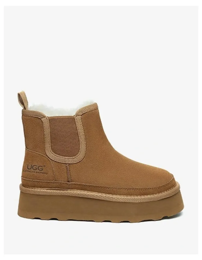 UGG Australian Shepherd Chelsie Leather Platform Boots in Chestnut