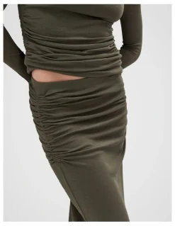 Unison Ruched Mesh Maxi Skirt in Green