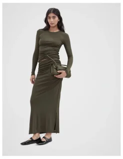 Unison Ruched Mesh Maxi Skirt in Green