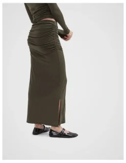 Unison Ruched Mesh Maxi Skirt in Green