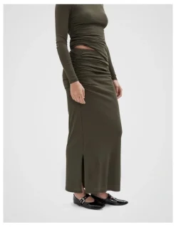 Unison Ruched Mesh Maxi Skirt in Green