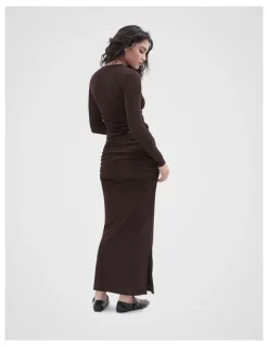 Unison Ruched Mesh Maxi Skirt in Brown