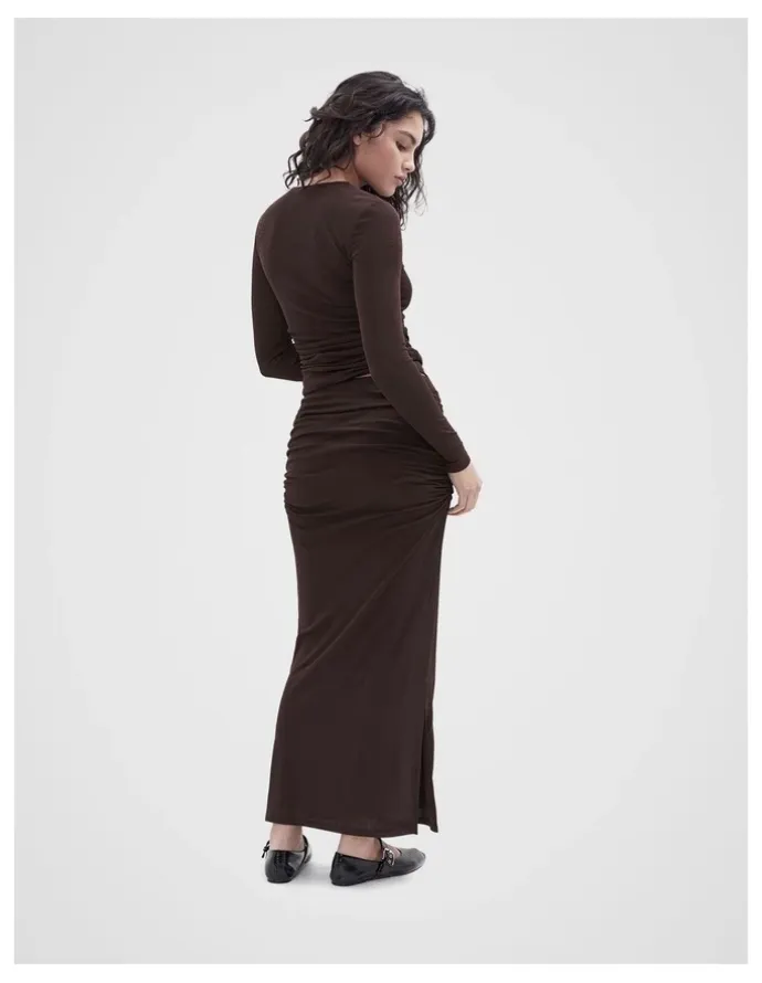 Unison Ruched Mesh Maxi Skirt in Brown