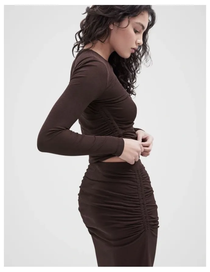Unison Ruched Mesh Maxi Skirt in Brown
