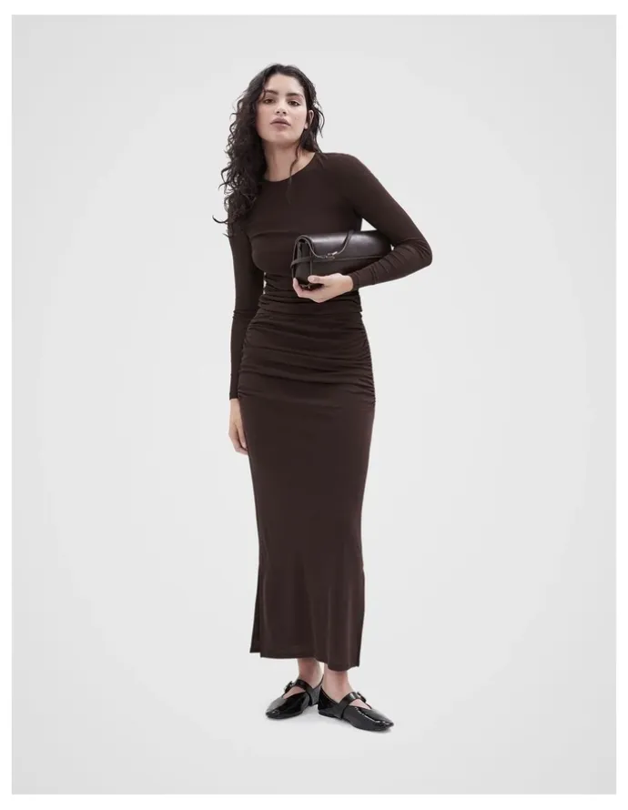 Unison Ruched Mesh Maxi Skirt in Brown
