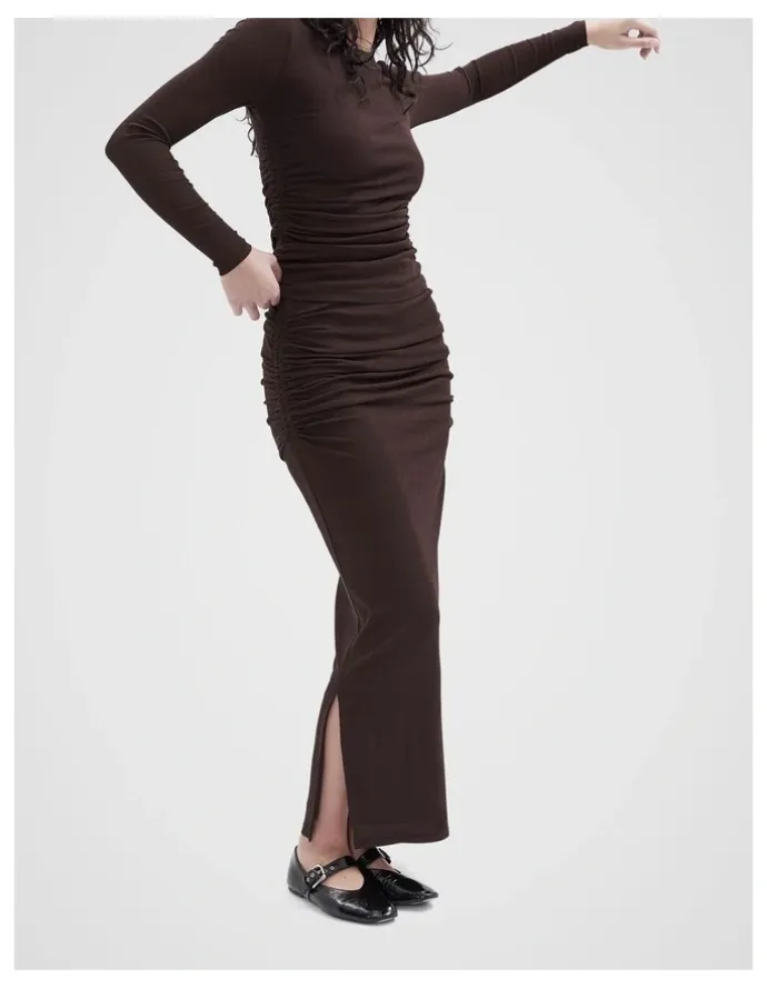 Unison Ruched Mesh Maxi Skirt in Brown