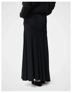 Unison Ruched Mesh Maxi Skirt in Black