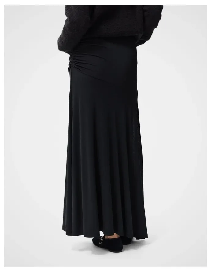 Unison Ruched Mesh Maxi Skirt in Black