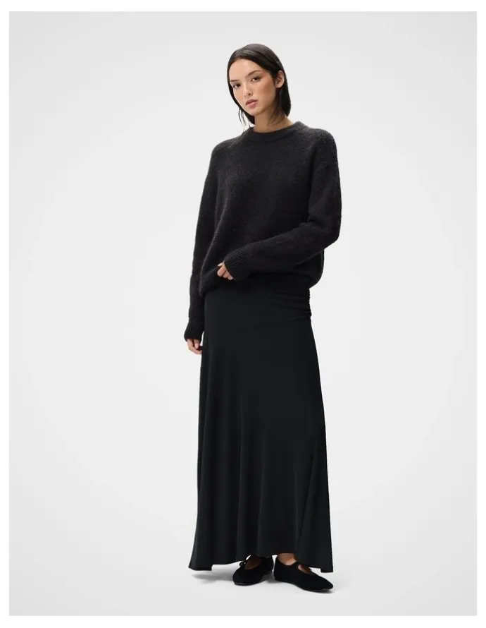 Unison Ruched Mesh Maxi Skirt in Black