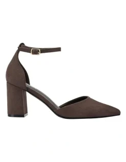 Verali Eli Closed Toe Block Heels in Chocolate Brown Micro