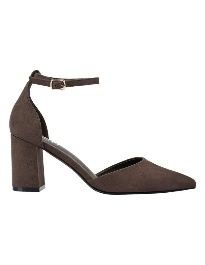 Verali Eli Closed Toe Block Heels in Chocolate Brown Micro