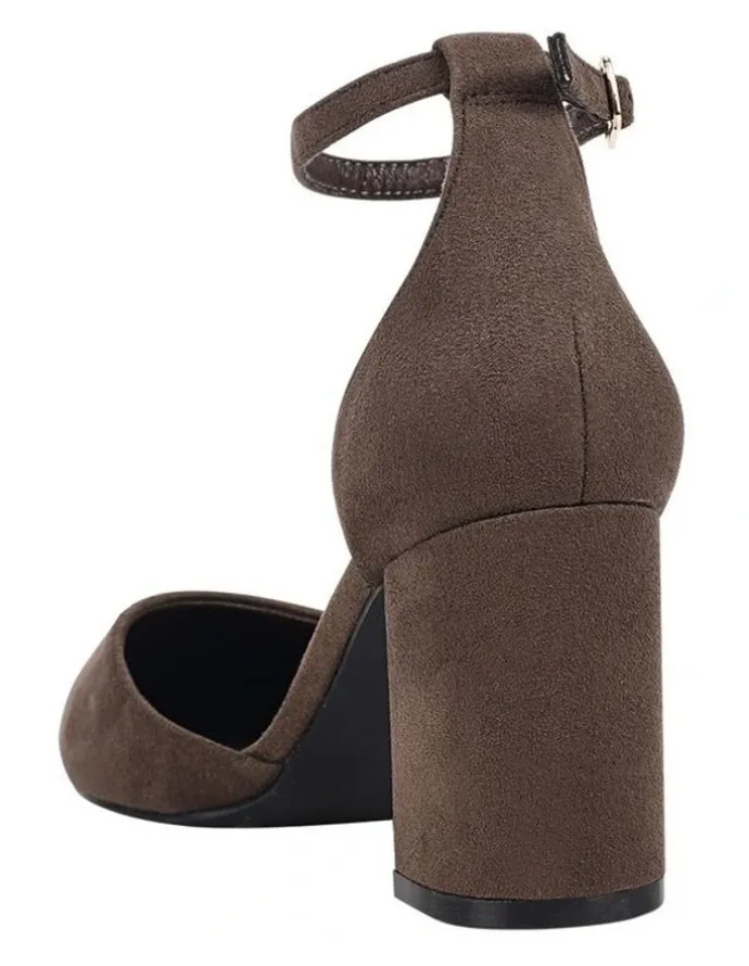 Verali Eli Closed Toe Block Heels in Chocolate Brown Micro