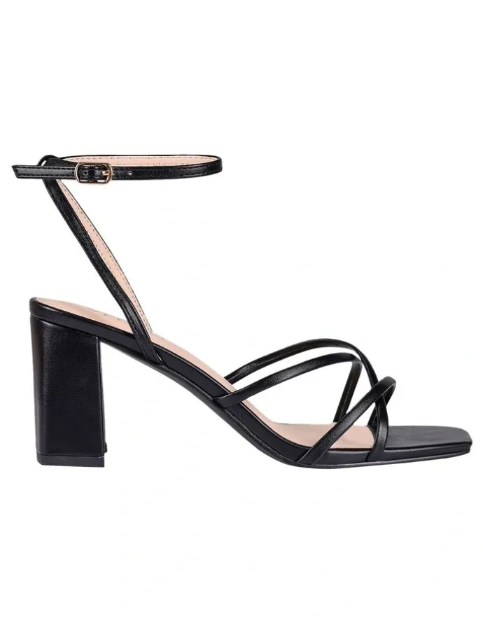 Verali Nakita Low Block Heels Sandal in Black Smooth