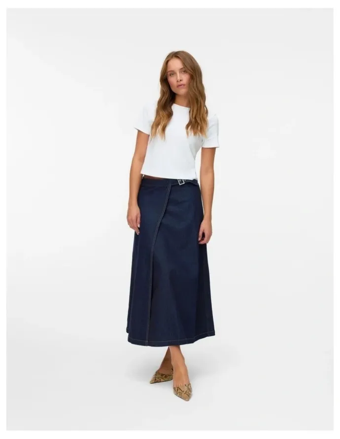 Vero Moda Calista High Waisted Denim Skirt in Dark Blue Denim