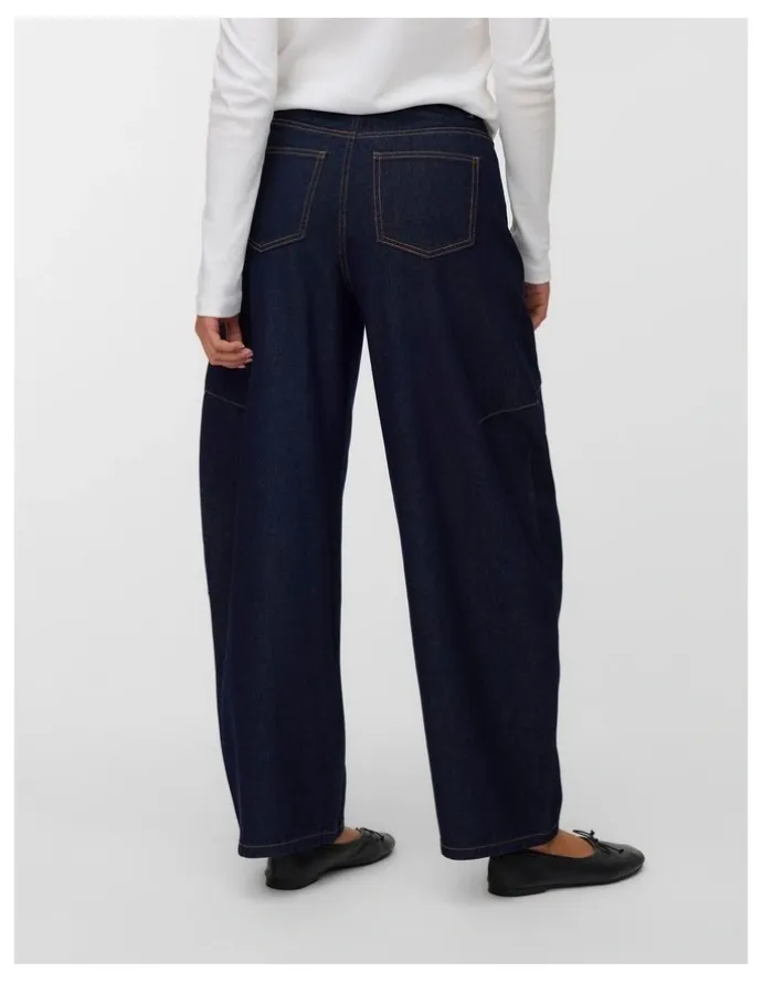 Vero Moda Kaitlin High Waisted Wide Barrel Jeans in Dark Denim