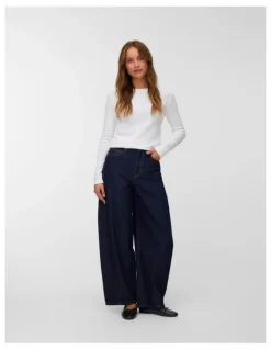 Vero Moda Kaitlin High Waisted Wide Barrel Jeans in Dark Denim