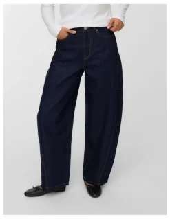 Vero Moda Kaitlin High Waisted Wide Barrel Jeans in Dark Denim