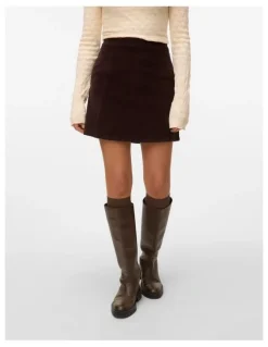Vero Moda Kata High Waisted Corduroy Pleated Mini Skirt in Chocolate