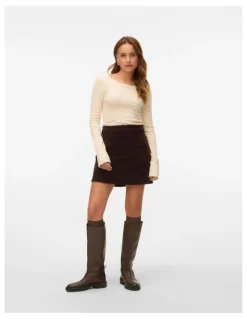 Vero Moda Kata High Waisted Corduroy Pleated Mini Skirt in Chocolate