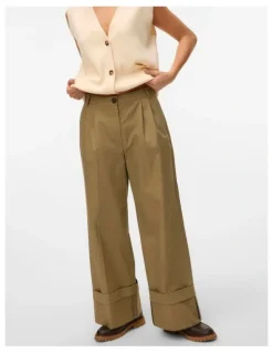 Vero Moda Kora High Waisted Wide Fold Up Pants in Khaki