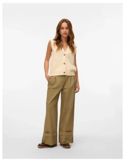 Vero Moda Kora High Waisted Wide Fold Up Pants in Khaki