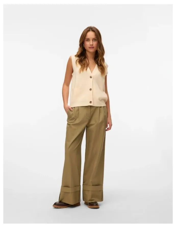 Vero Moda Kora High Waisted Wide Fold Up Pants in Khaki
