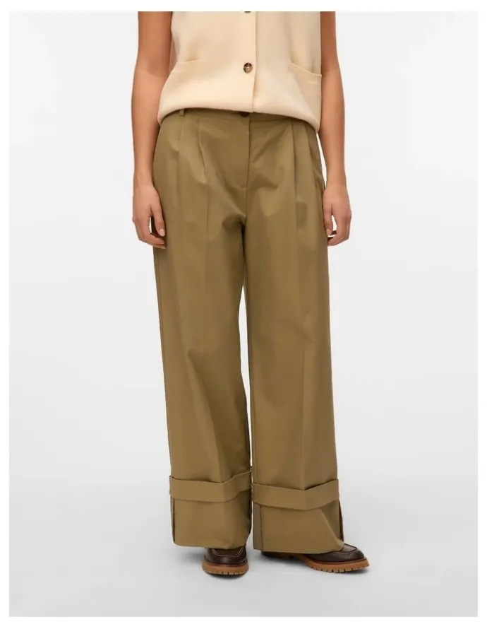 Vero Moda Kora High Waisted Wide Fold Up Pants in Khaki